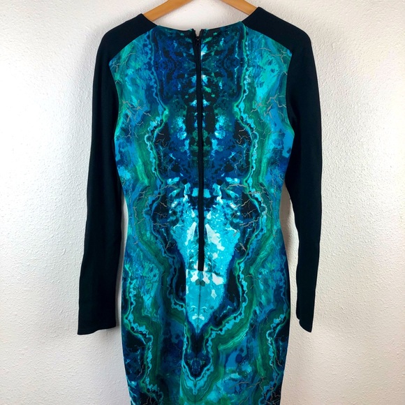 Bebe ink blot dress in blues & greens & black arms - Picture 2 of 5